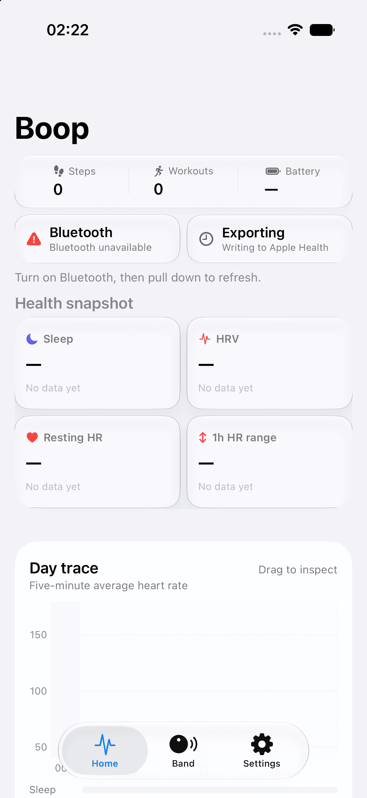 Boop Home showing the Exporting state while records are written to Apple Health