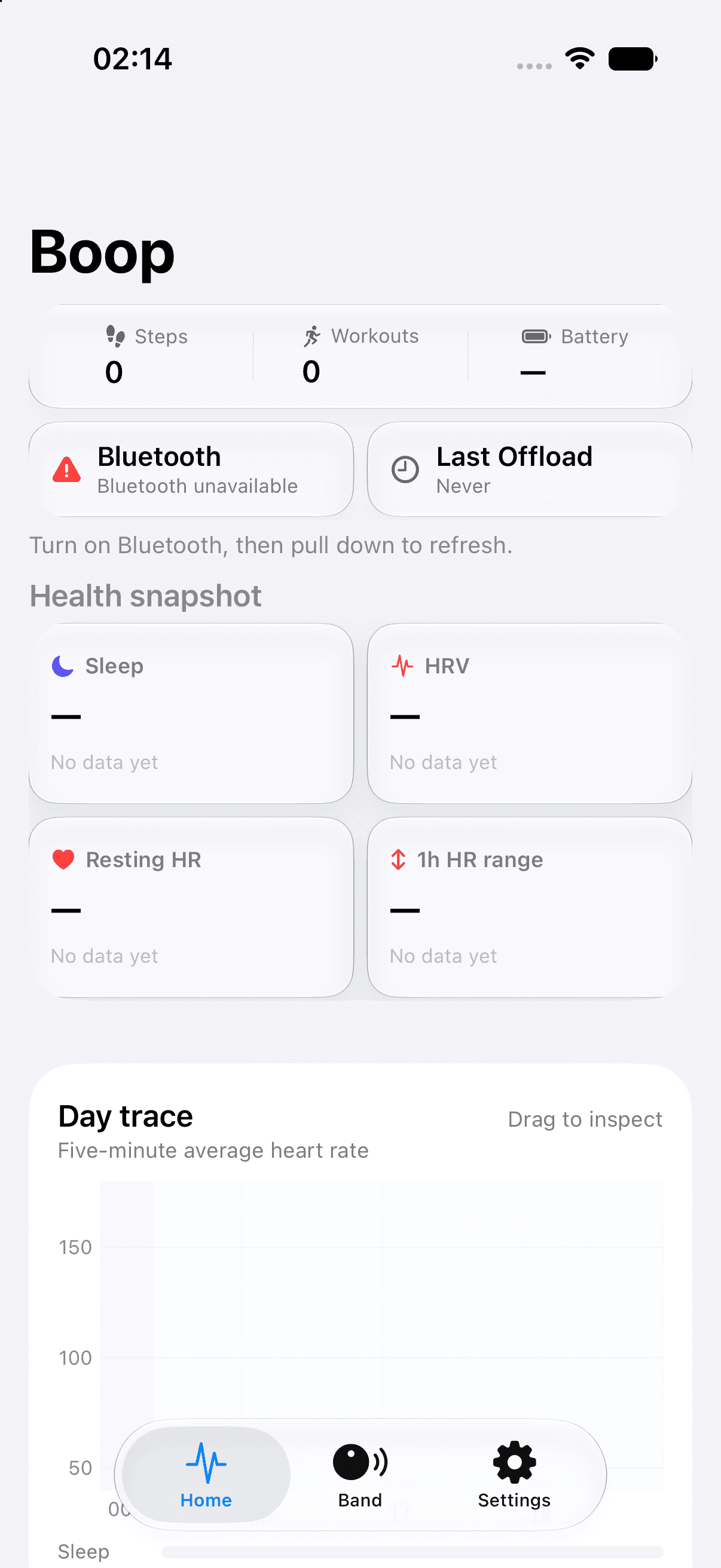 Boop Home showing connection state, activity summaries, Health snapshot cards, and a day trace